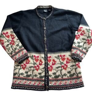 VTG Nordic Design Rare FLORAL Fair Isle Wool Cardigan Sweater Womens Small